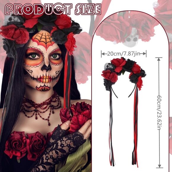 Halloween Flower Headband Skull Rose Floral Crown Gothic Costume Accessory - Picture 2 of 6